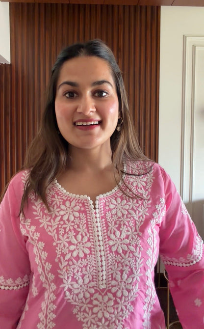 Candy Pink Chikankari Embroidered Cotton Kurta Set with Pant & Dupatta