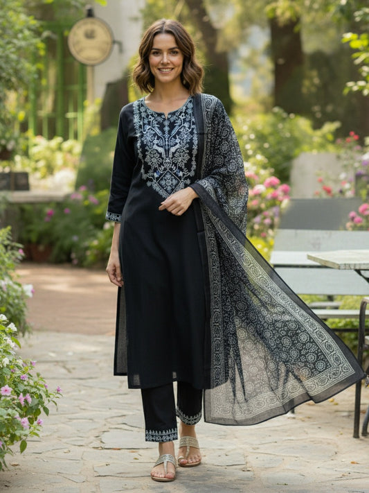 Elegant Black Embroidered Kurta Set with Printed Border Dupatta | Premium Festive & Casual Wear