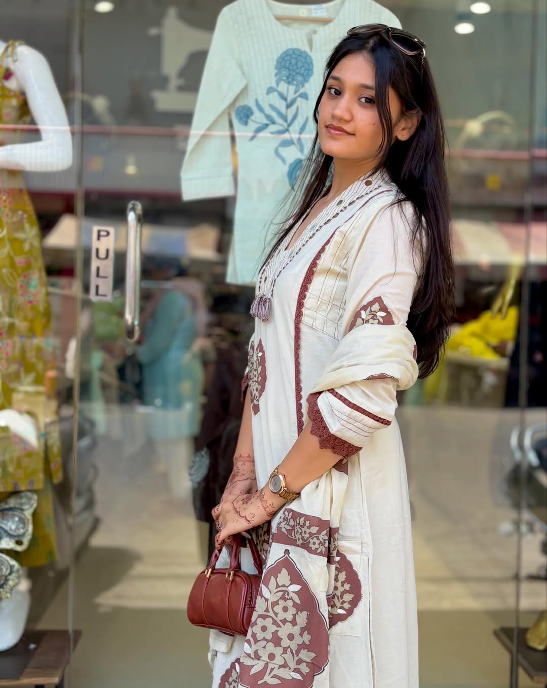 Chic Off-White and Brown Floral Block Print Kurta Set