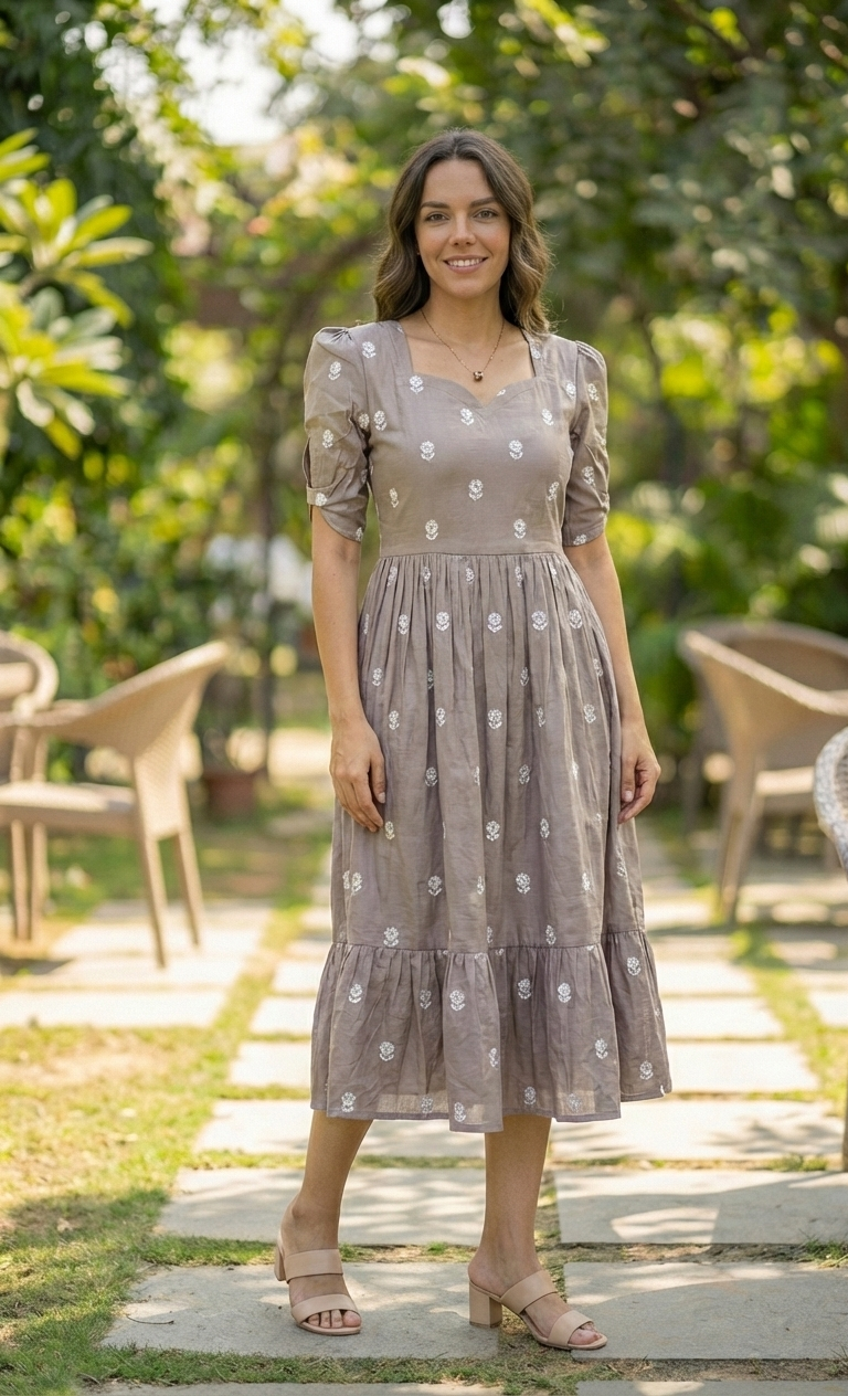 Elegant Grey Tiered Maxi Dress with White Floral Embroidery & Puff Sleeves