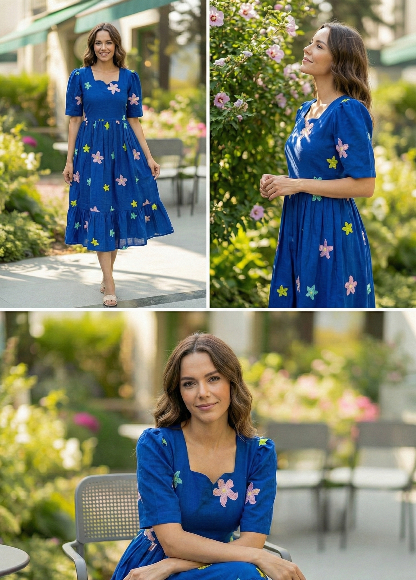 Vibrant Blue Star & Flower Embroidered Tiered Maxi Dress with Puff Sleeves