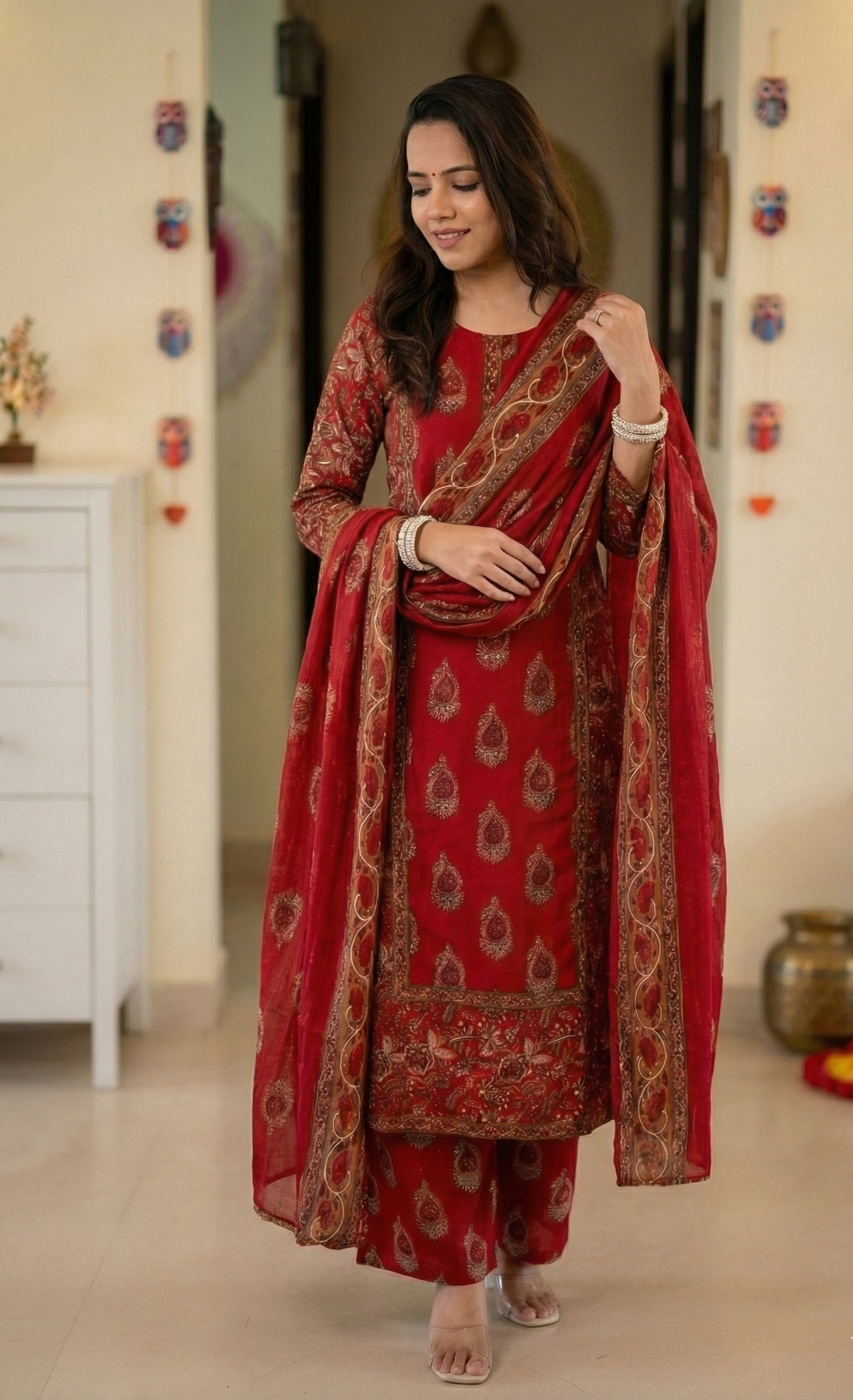 Regal Ruby: Gold Block-Printed Traditional Kurta Set with Dupatta