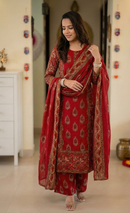 Regal Ruby: Gold Block-Printed Traditional Kurta Set with Dupatta