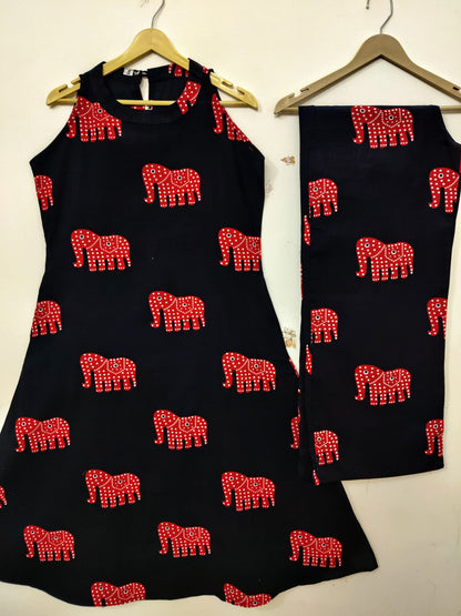 Heritage Parade: Black Sleeveless Kurta Set with Red Elephant Motifs