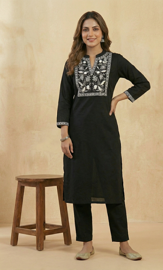 Midnight Noir: Black Straight Kurti Set with White Thread Embroidery