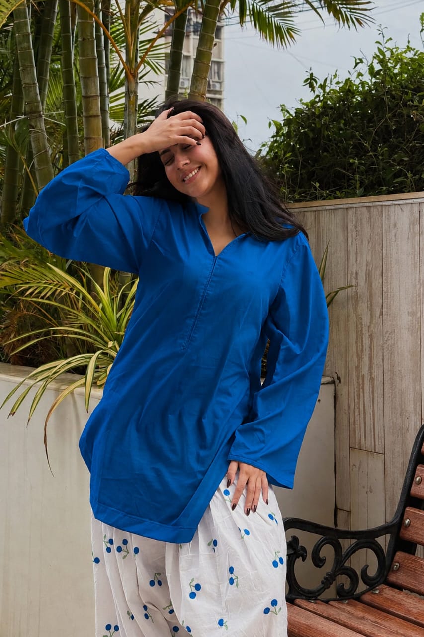 Royal Blue Straight Kurti with Blueberry-Embroidered Cream Wide-Leg Pants