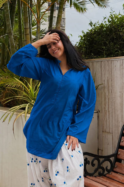 Royal Blue Straight Kurti with Blueberry-Embroidered Cream Wide-Leg Pants