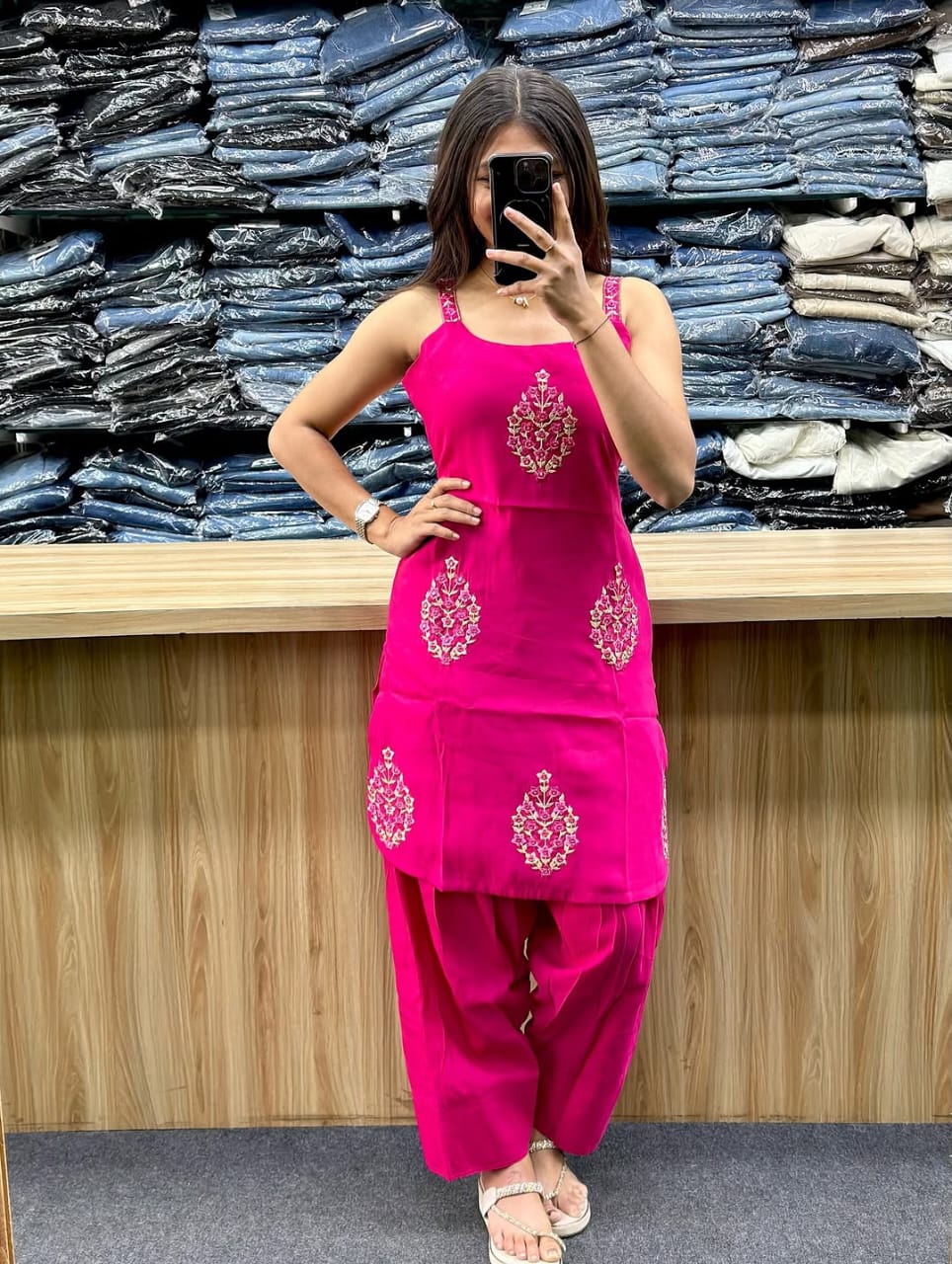 Hot Pink Embroidered Strappy Sleeveless Kurti with Salwar & Dupatta Set