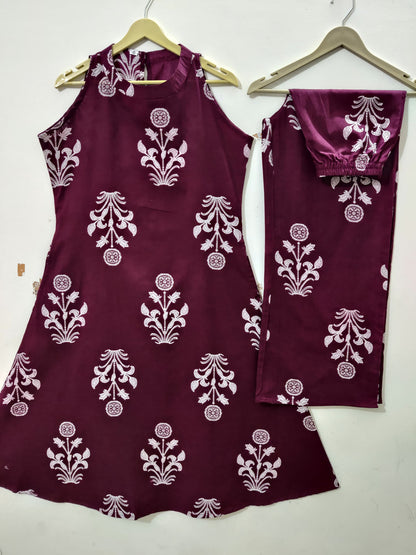 Wine Red Floral Block Print Sleeveless A-Line Kurta Set
