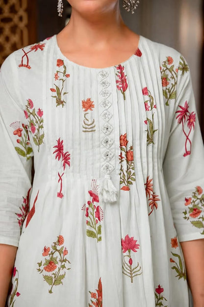 Mint Green Floral Printed Kurta Set with Pant and Matching Dupatta