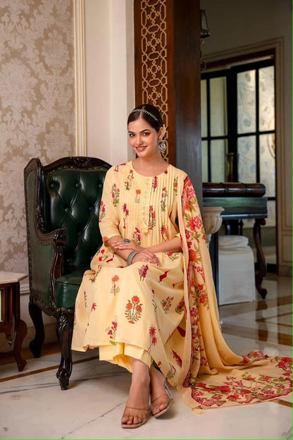 Butter Yellow Floral Printed Kurta Set with Pant and Matching Floral Dupatta