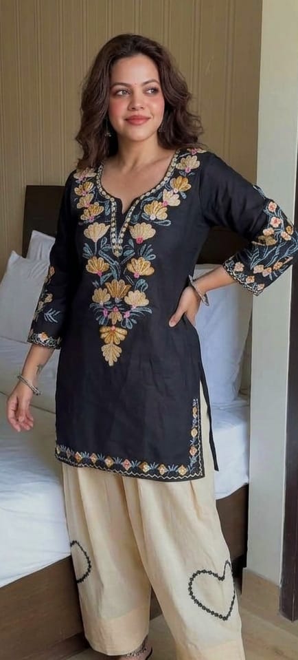 Black Floral Embroidered Cotton Short Kurti with Beige Farshi Salwar Set