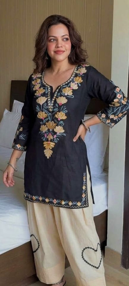 Black Floral Embroidered Cotton Short Kurti with Beige Farshi Salwar Set