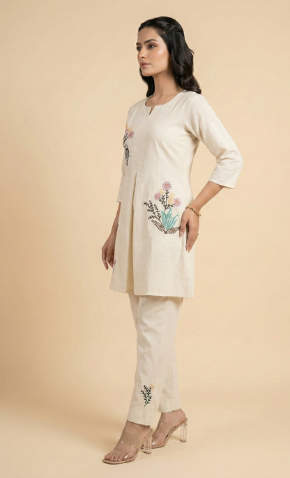 Women's Off-White Cord-Set Cotton with Floral & Bird Embroidery
