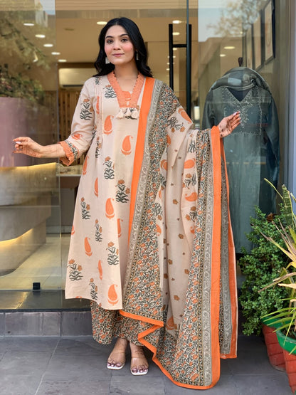 Beige & Tangerine Paisley Printed Kurta Set with Printed Plazzo and Dupatta