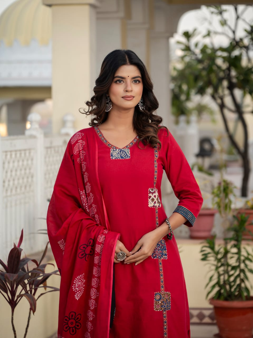 Classic Red Kurta Set with Artistic Patch Detailing & Dupatta