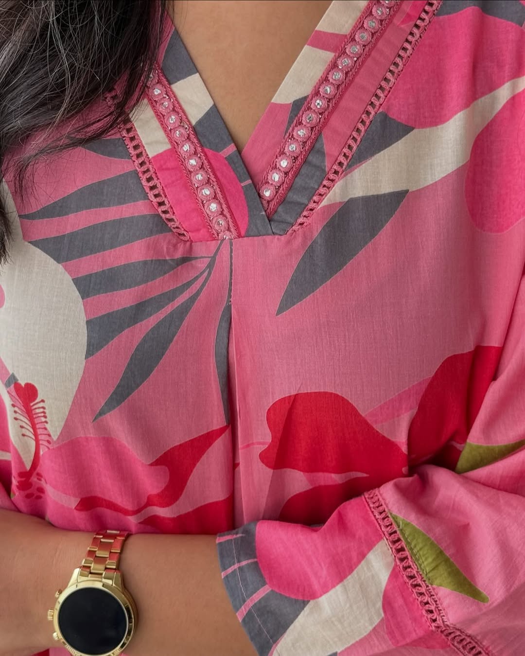 Women's Tropical Floral Print V-Neck Kurta & Pant Summer Co-ord Set