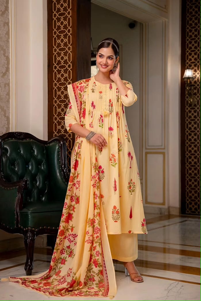Butter Yellow Floral Printed Kurta Set with Pant and Matching Floral Dupatta