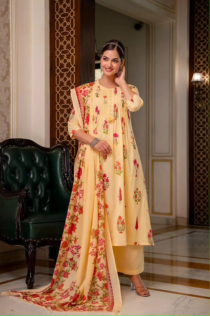 Butter Yellow Floral Printed Kurta Set with Pant and Matching Floral Dupatta