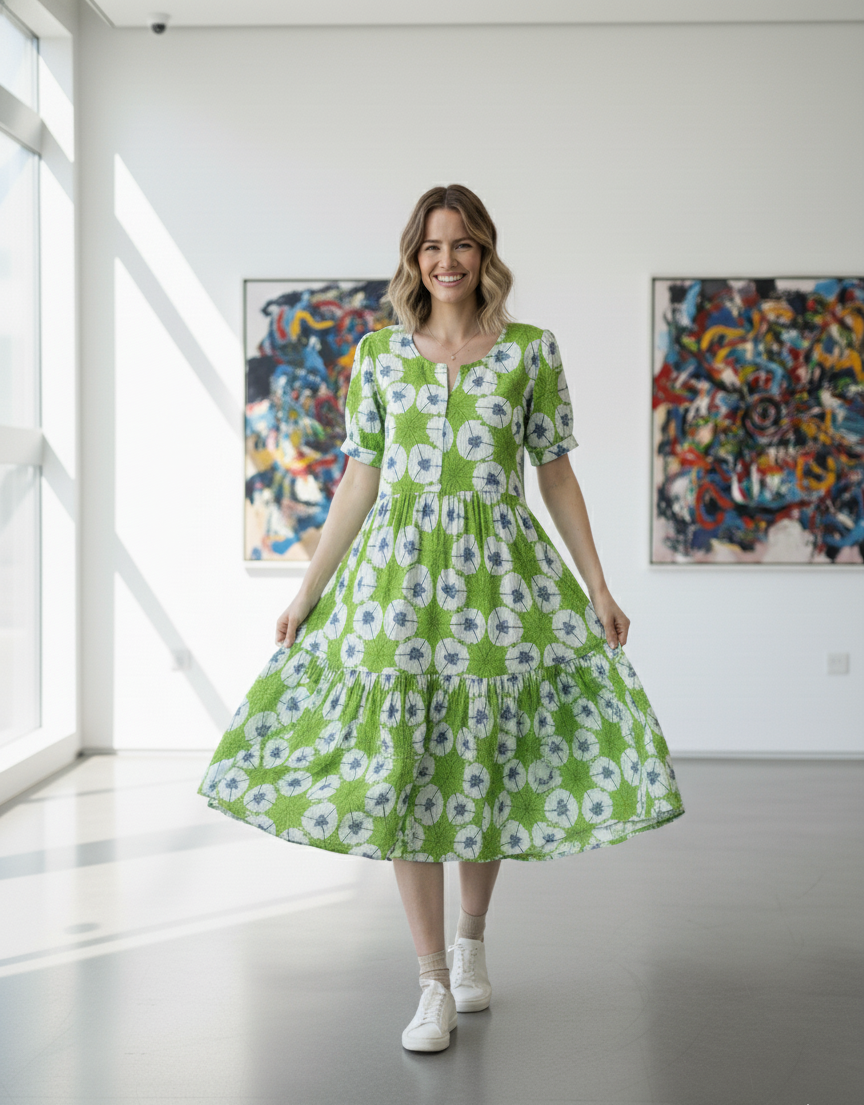 Trendy Green Floral Printed Cotton Summer Dress