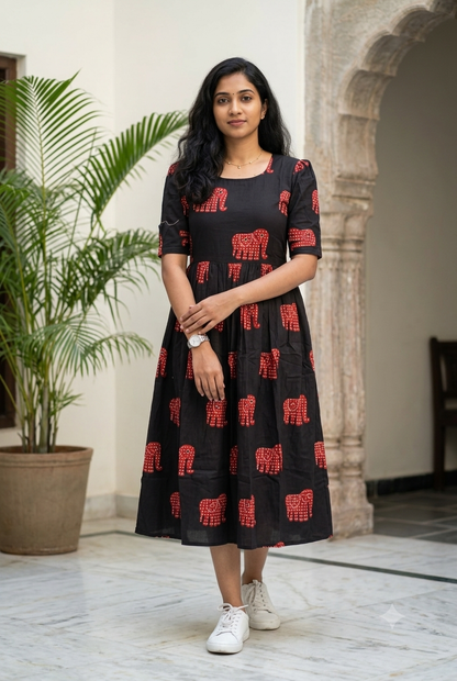 Jaipuri Elephant Block-Print Midi Gown in Classic Black and Crimson