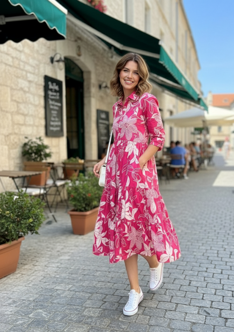 Rani Pink Floral Print Collared Tiered Midi Dress