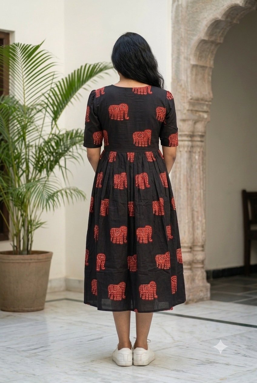 Jaipuri Elephant Block-Print Midi Gown in Classic Black and Crimson