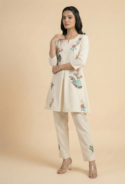 Women's Off-White Cord-Set Cotton with Floral & Bird Embroidery