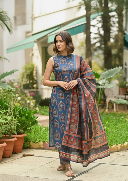 Elegant Blue Kalamkari Printed Kurta Set with Dupatta