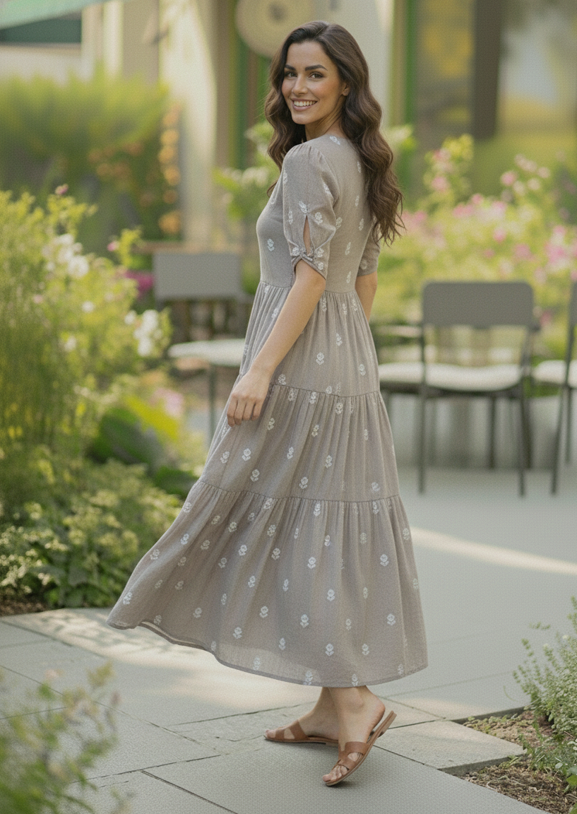 Elegant Grey Tiered Maxi Dress with White Floral Embroidery & Puff Sleeves
