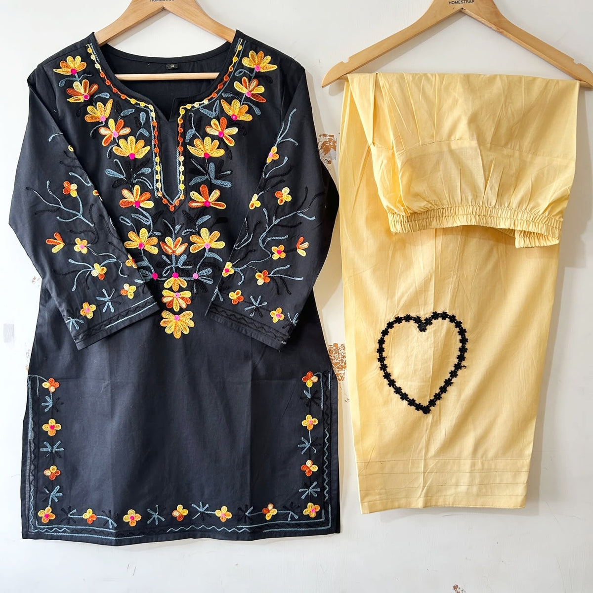 Black Floral Embroidered Cotton Short Kurti with Beige Farshi Salwar Set