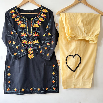 Black Floral Embroidered Cotton Short Kurti with Beige Farshi Salwar Set