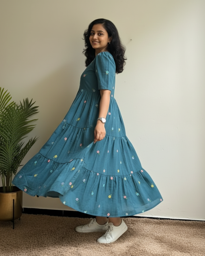 Dark-Green Midi Cotton Casual Dresses for women Embroidery Work