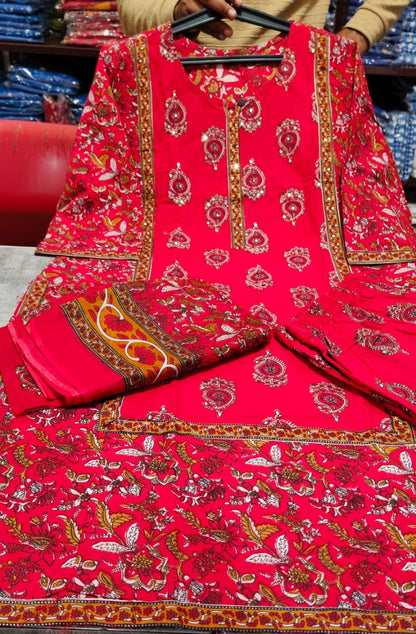 Regal Ruby: Gold Block-Printed Traditional Kurta Set with Dupatta