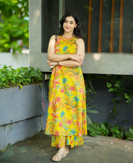 Tropical Sunshine: Bright Yellow Floral Print Sleeveless Kurta Set
