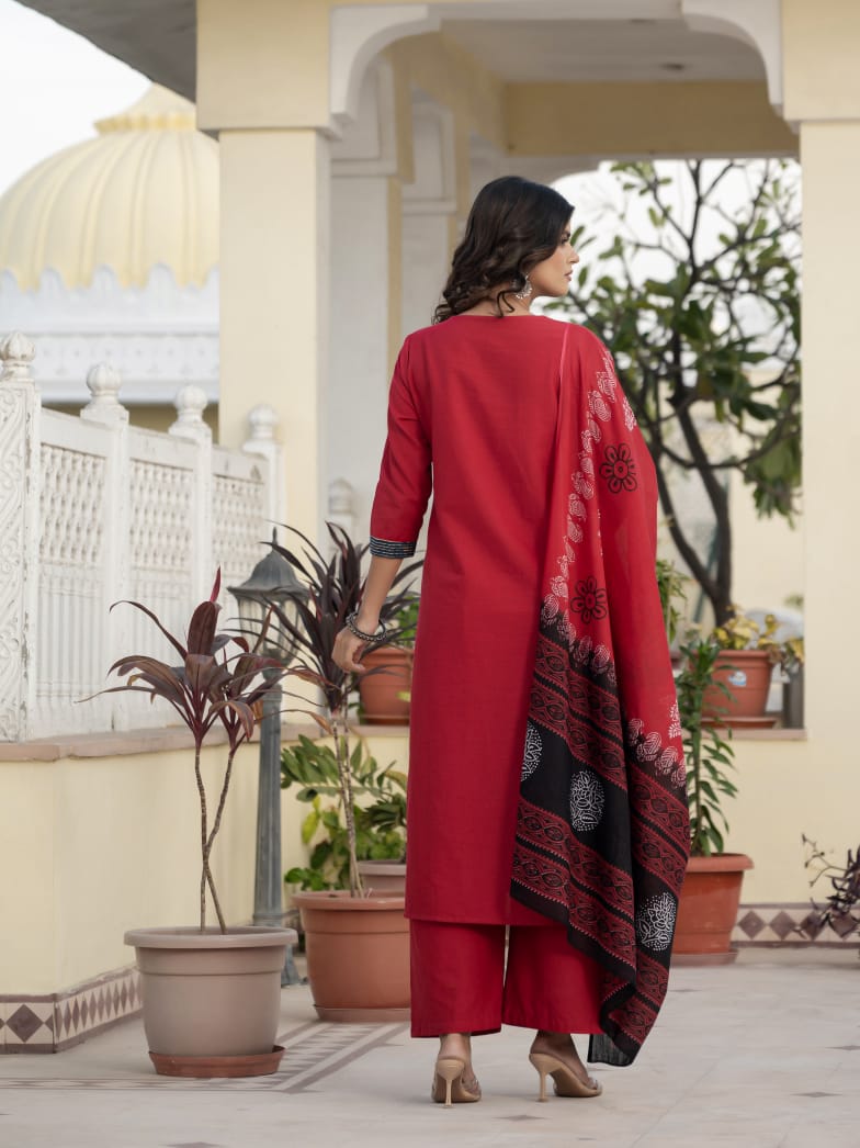 Classic Red Kurta Set with Artistic Patch Detailing & Dupatta