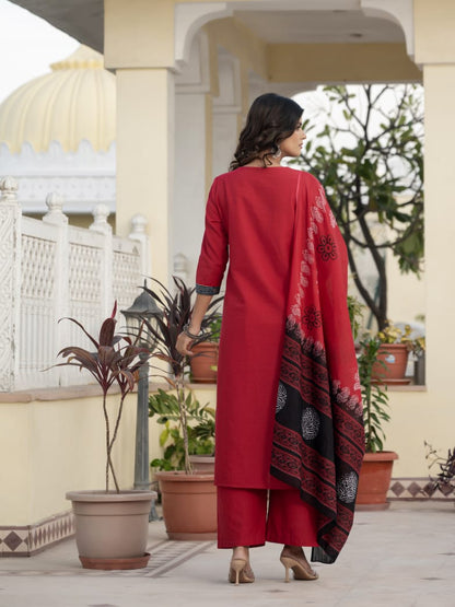 Classic Red Kurta Set with Artistic Patch Detailing & Dupatta