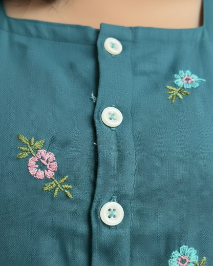 Dark-Green Midi Cotton Casual Dresses for women Embroidery Work
