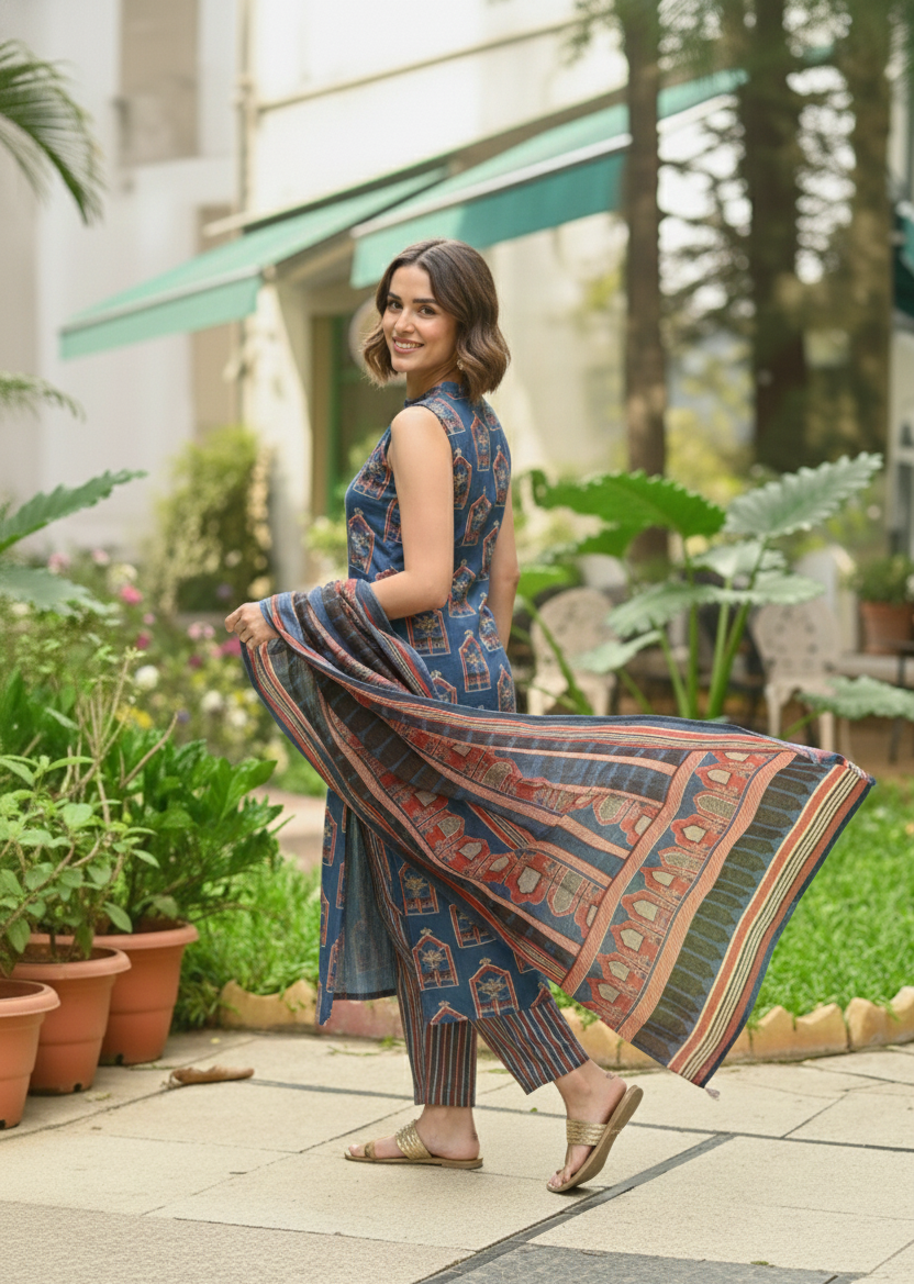 Elegant Blue Kalamkari Printed Kurta Set with Dupatta