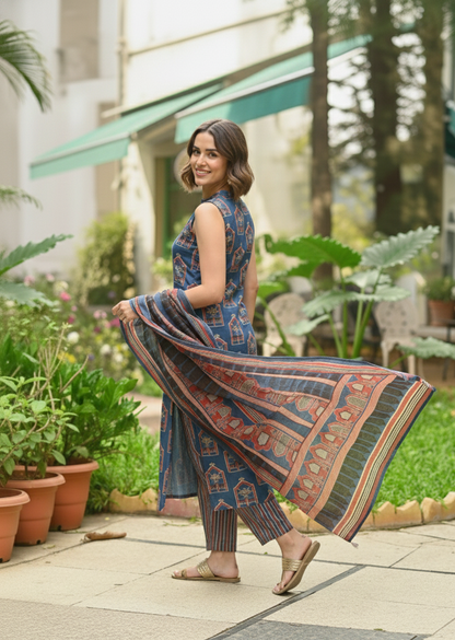 Elegant Blue Kalamkari Printed Kurta Set with Dupatta