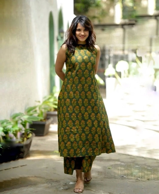 Forest Green Floral Print Sleeveless Kurta & Palazzo Co-ord Set