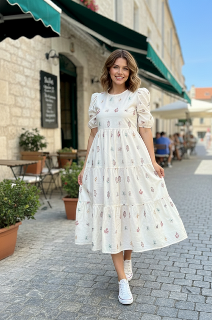 Elegant Off-White Embroidered Tiered Dress | Effortless Chic