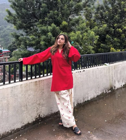 Classic Red Straight Kurti Paired with Embroidered Cherry-Motif Farshi Salwar Pants