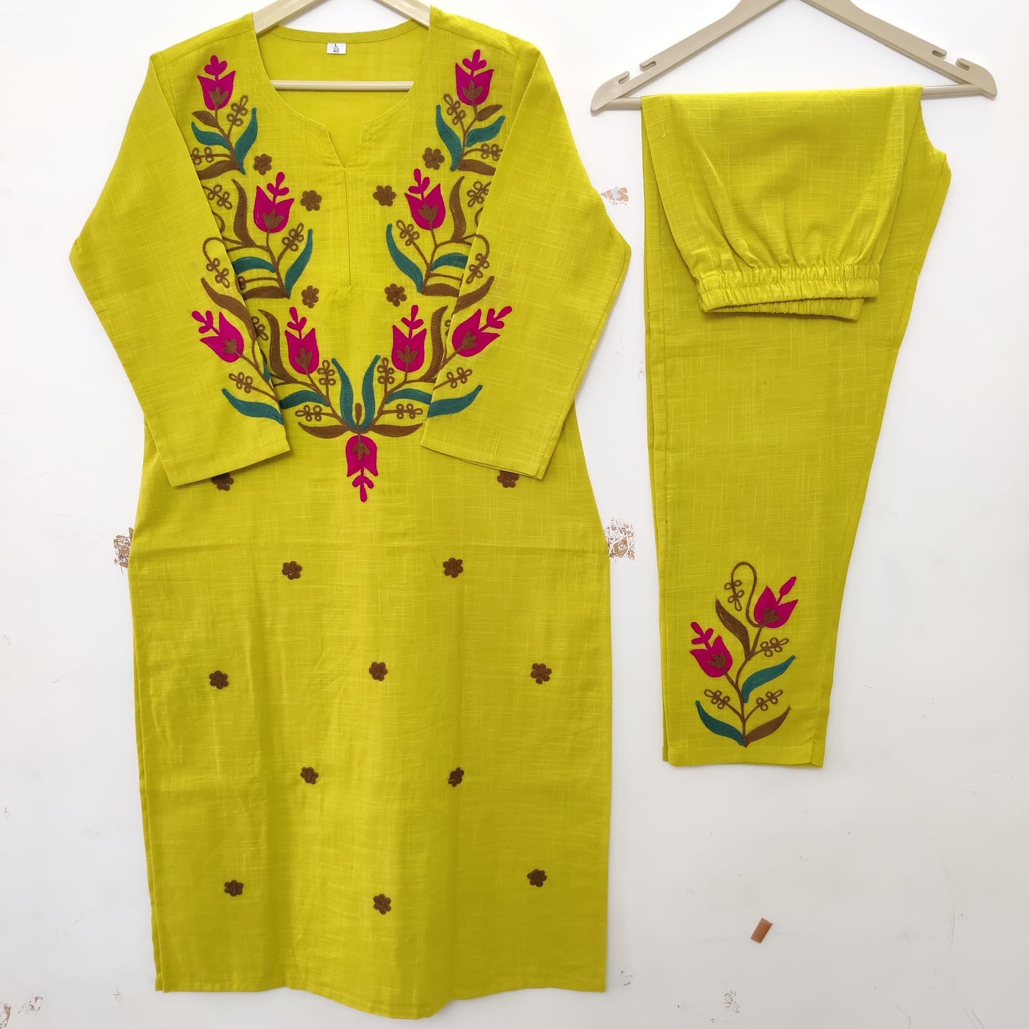 Vibrant Lime Green Tulip Aari Work Kurta & Pant Set