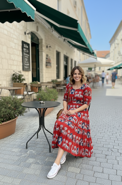 Flamingo Print Tiered Midi Dress | Summer Special Puff Sleeve Style
