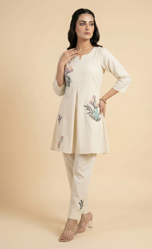 Women's Off-White Cord-Set Cotton with Floral & Bird Embroidery