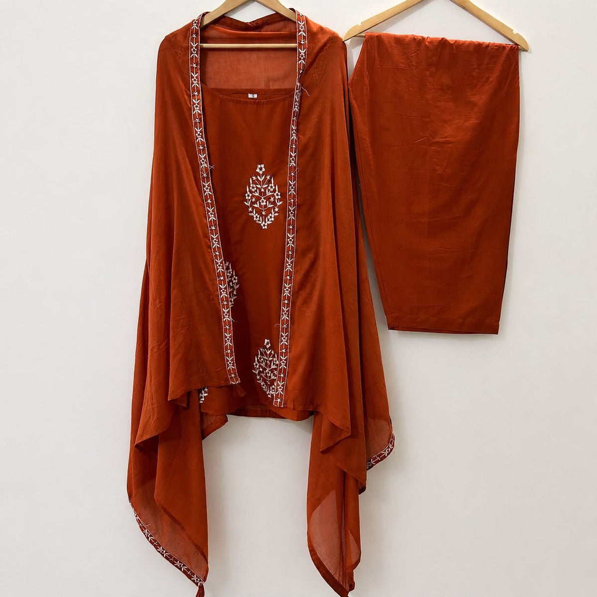 Rust Orange Embroidered Strappy Sleeveless Kurti with Salwar & Dupatta Set