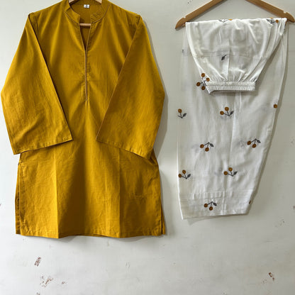 Mustard Yellow Straight-Cut Kurti with Embroidered Floral Palazzo Trousers