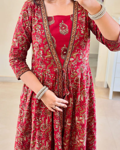 Festive Fusion: Red Block Print Anarkali Set with Flared Jacket & Layered Kurta