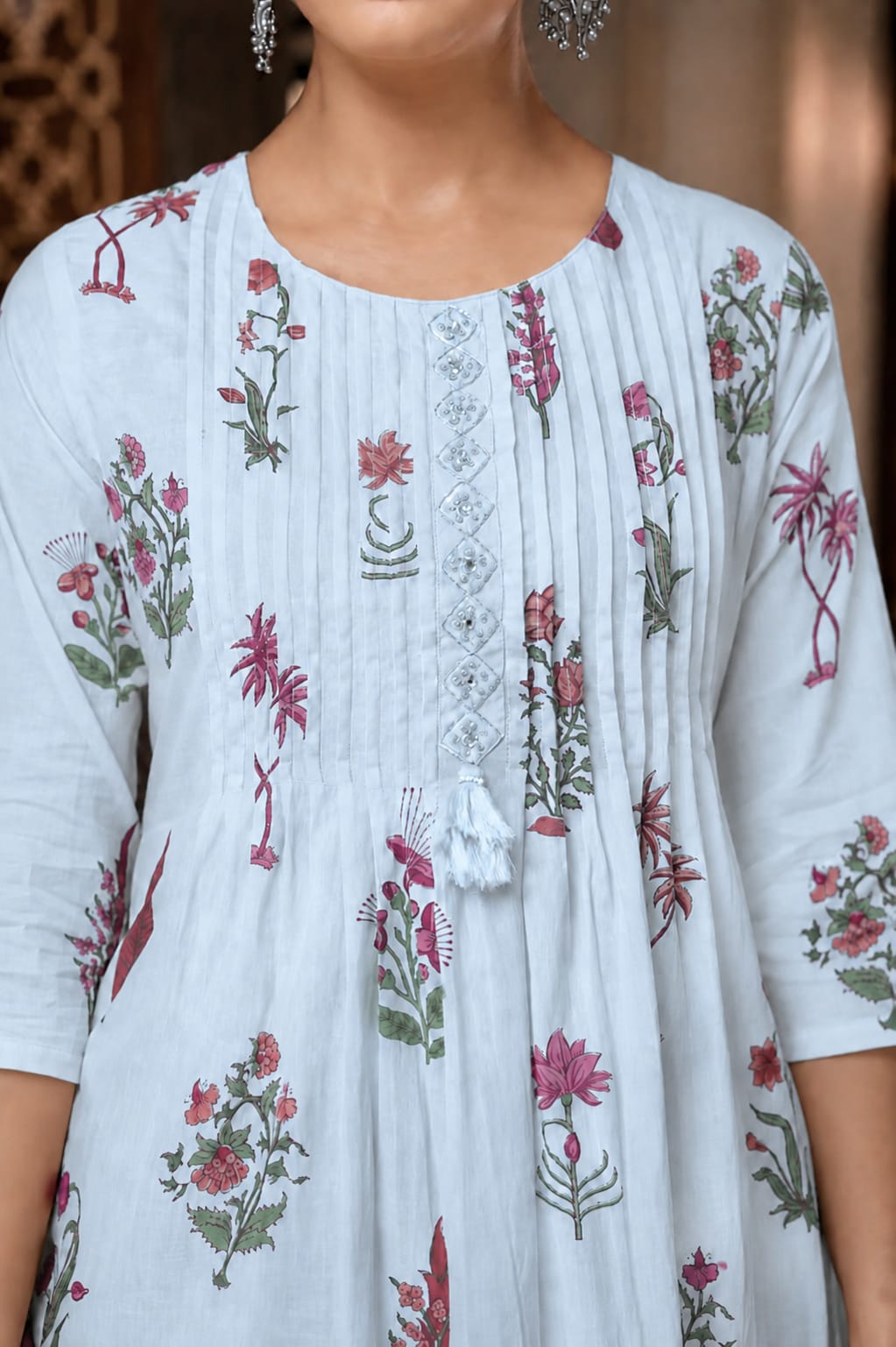 Sky Blue Floral Printed Cotton Kurta Set with Pant and Matching Dupatta